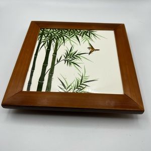 Handmade And Painted Ceramic Tile Hot Plate/ Trivet On Wood Base 8” Sq